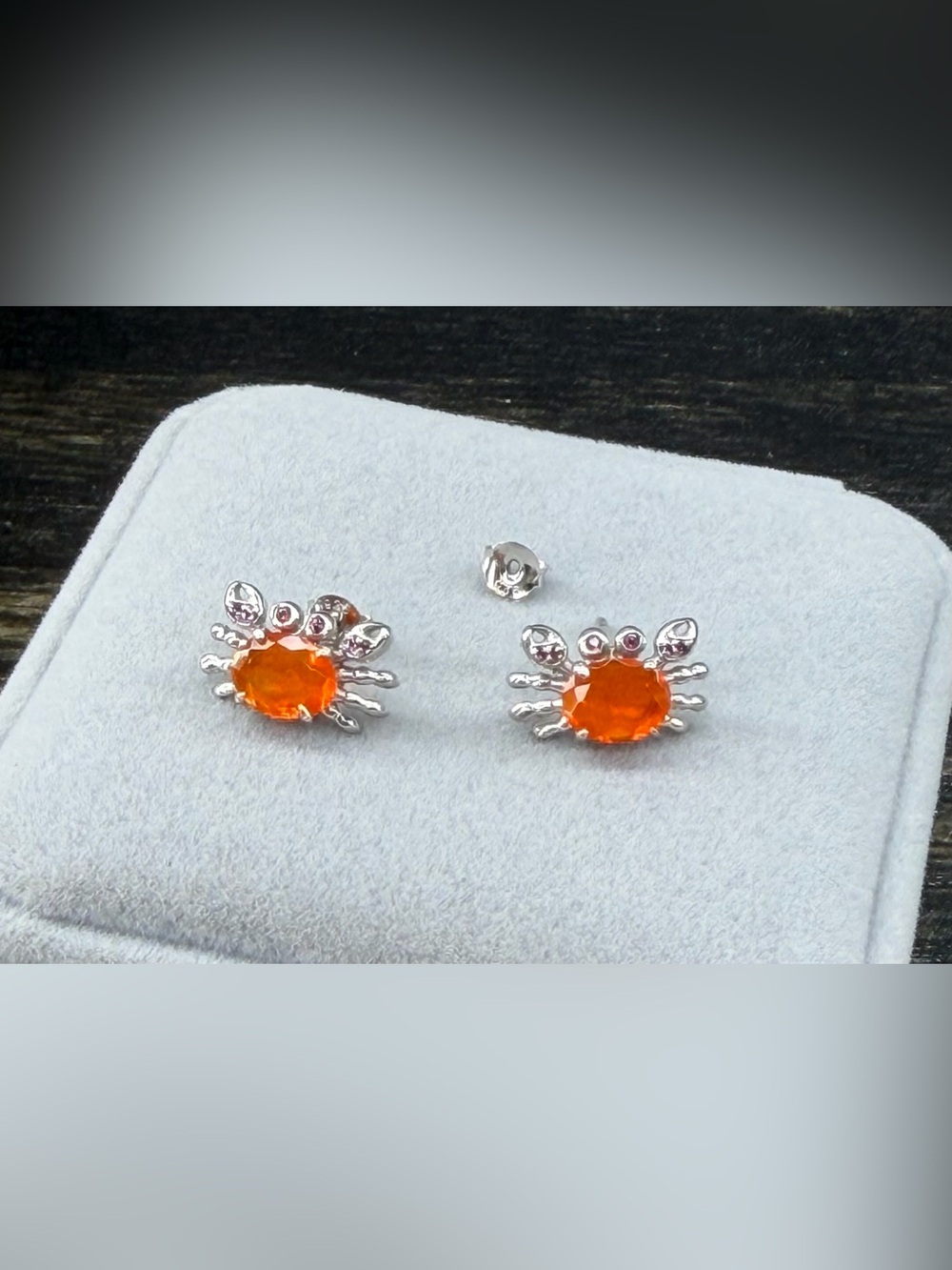 Stunning Natural Orange Fire Opal 8x6mm Crab 925 Sterling Silver Earrings - Picture 9 of 11